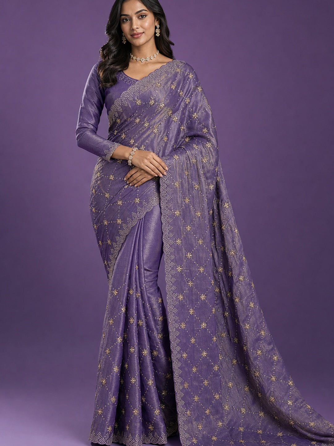 Peachmode Purple Satin Silk Saree with Stone Work Border - Image 1