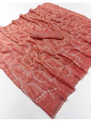 Peachmode Peach Satin Silk Saree with Stone Work Border - Image 2