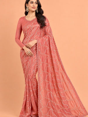 Peachmode Peach Satin Silk Saree with Stone Work Border - Image 1