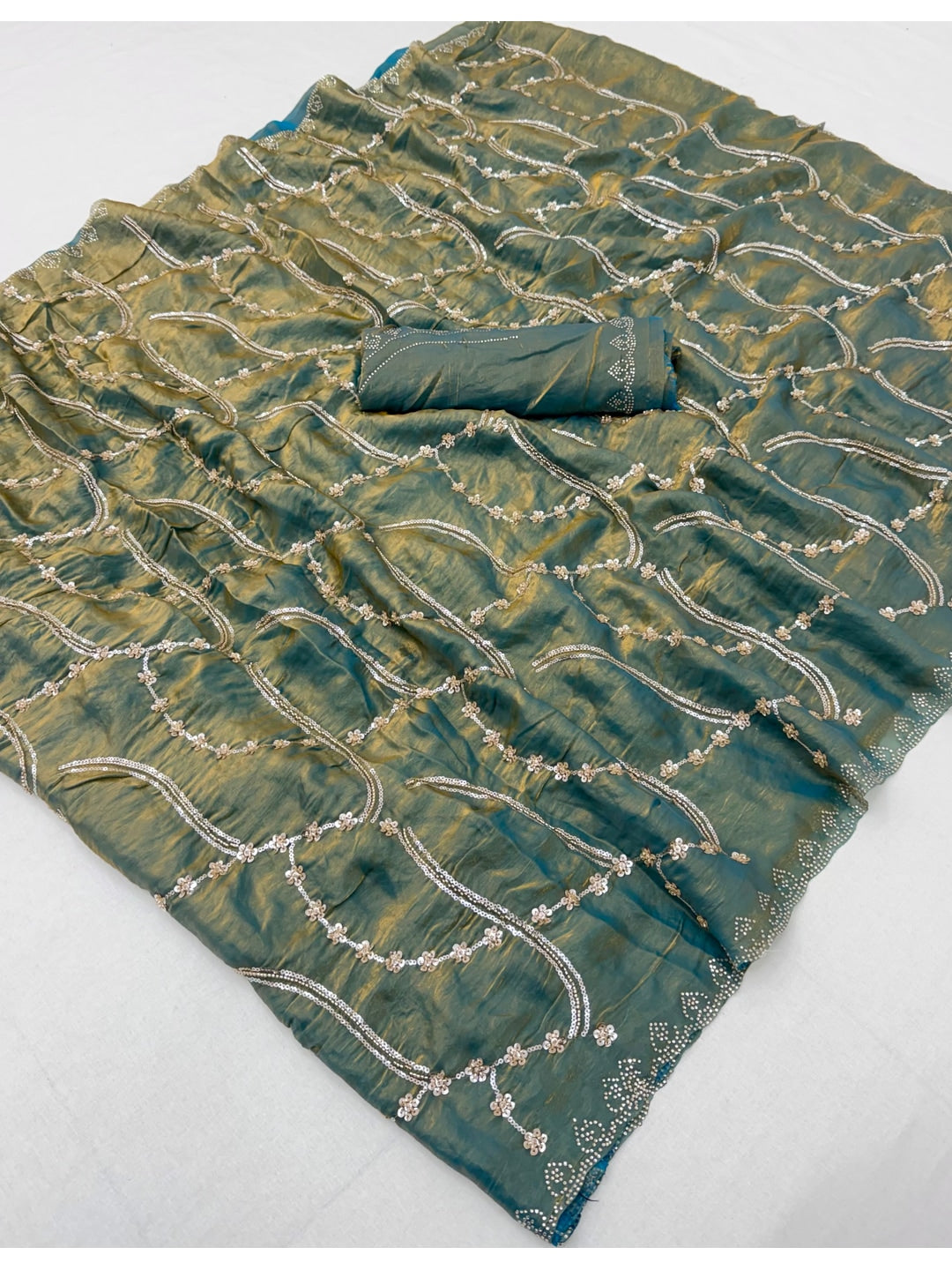 Peachmode Teal Satin Silk Saree with Stone Work Border - Image 3