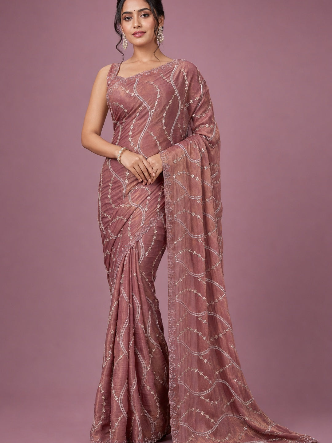 Peachmode Mauve Satin Silk Saree with Stone Work Border - Image 1