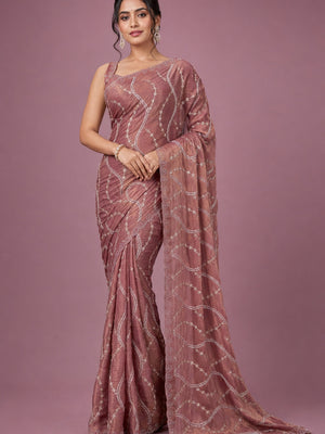 Peachmode Mauve Satin Silk Saree with Stone Work Border - Image 1