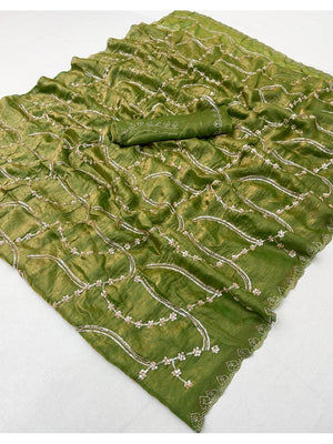 Peachmode Olive Satin Silk Saree with Stone Work Border - Image 2
