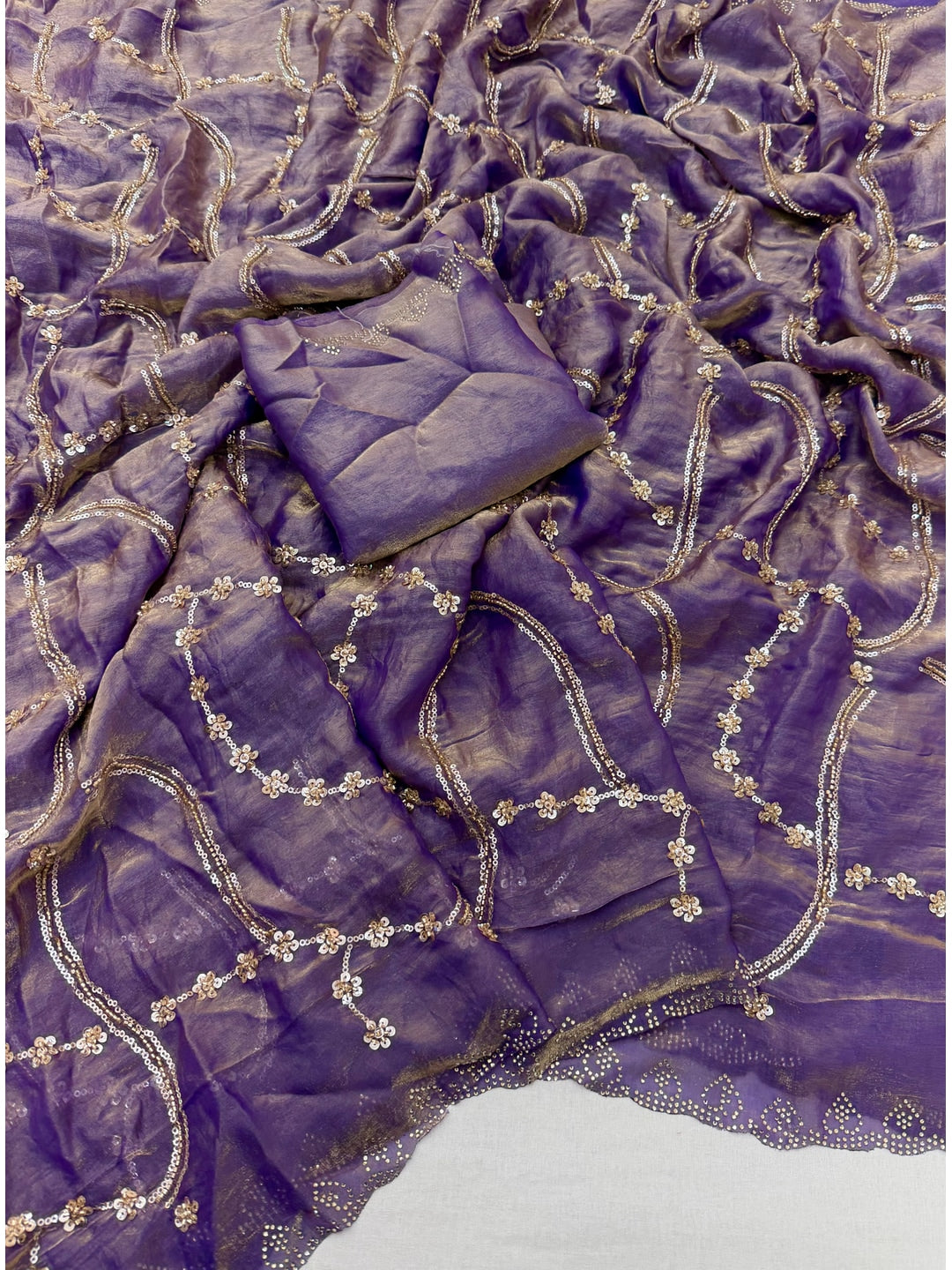 Peachmode Purple Satin Silk Saree with Stone Work Border - Image 2