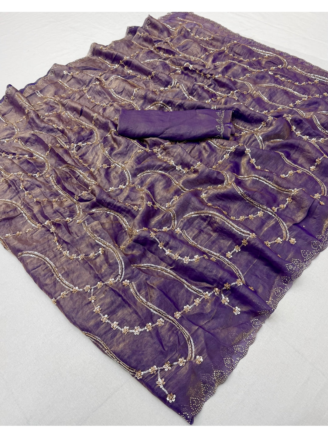 Peachmode Purple Satin Silk Saree with Stone Work Border - Image 3