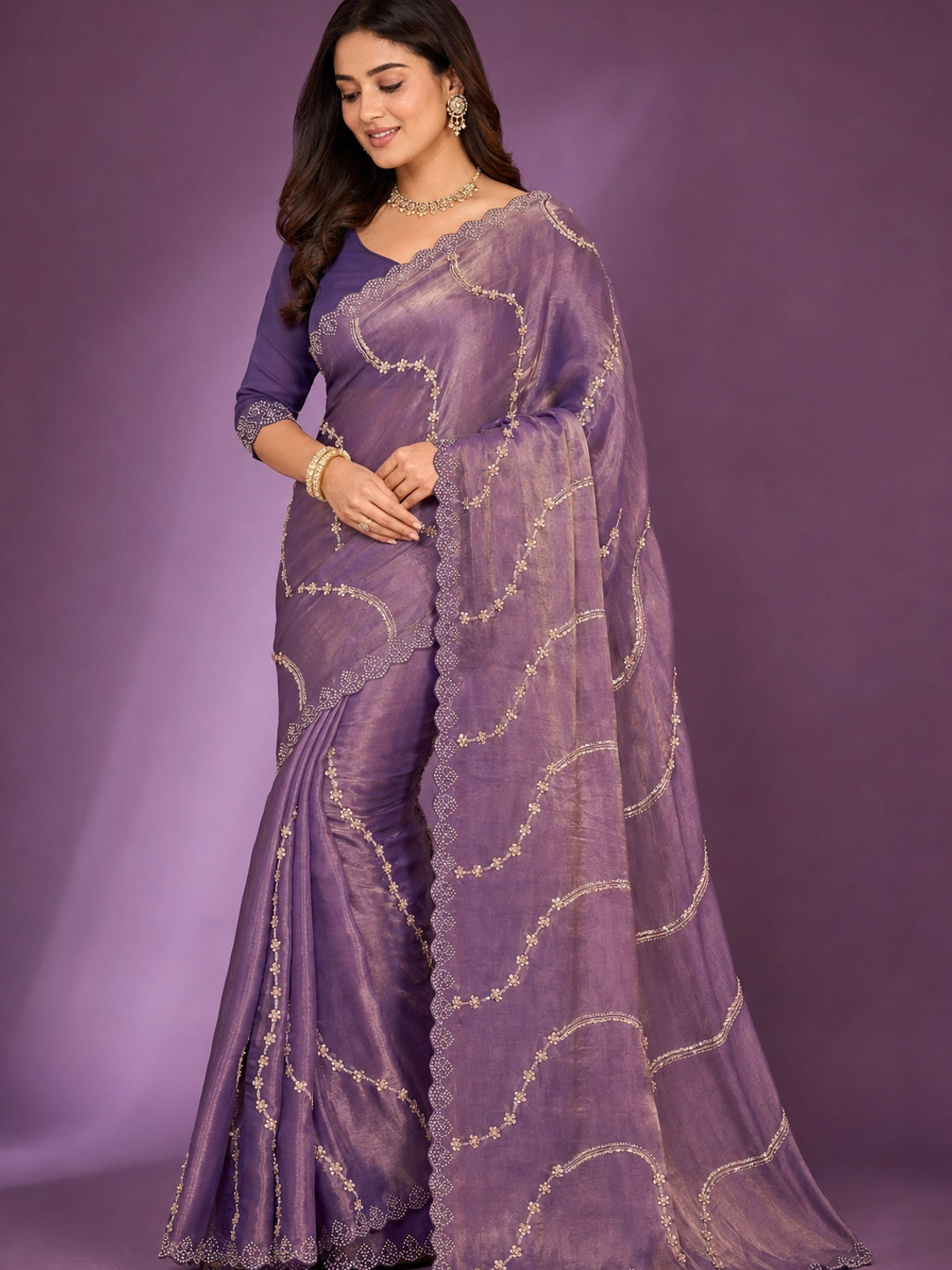 Peachmode Purple Satin Silk Saree with Stone Work Border - Image 1