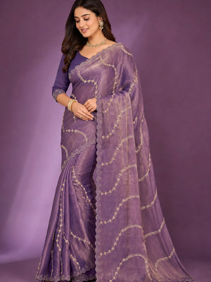 Peachmode Purple Satin Silk Saree with Stone Work Border - Image 1