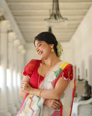Peachmode Multicolor Linen Cotton Printed Saree - Image 1