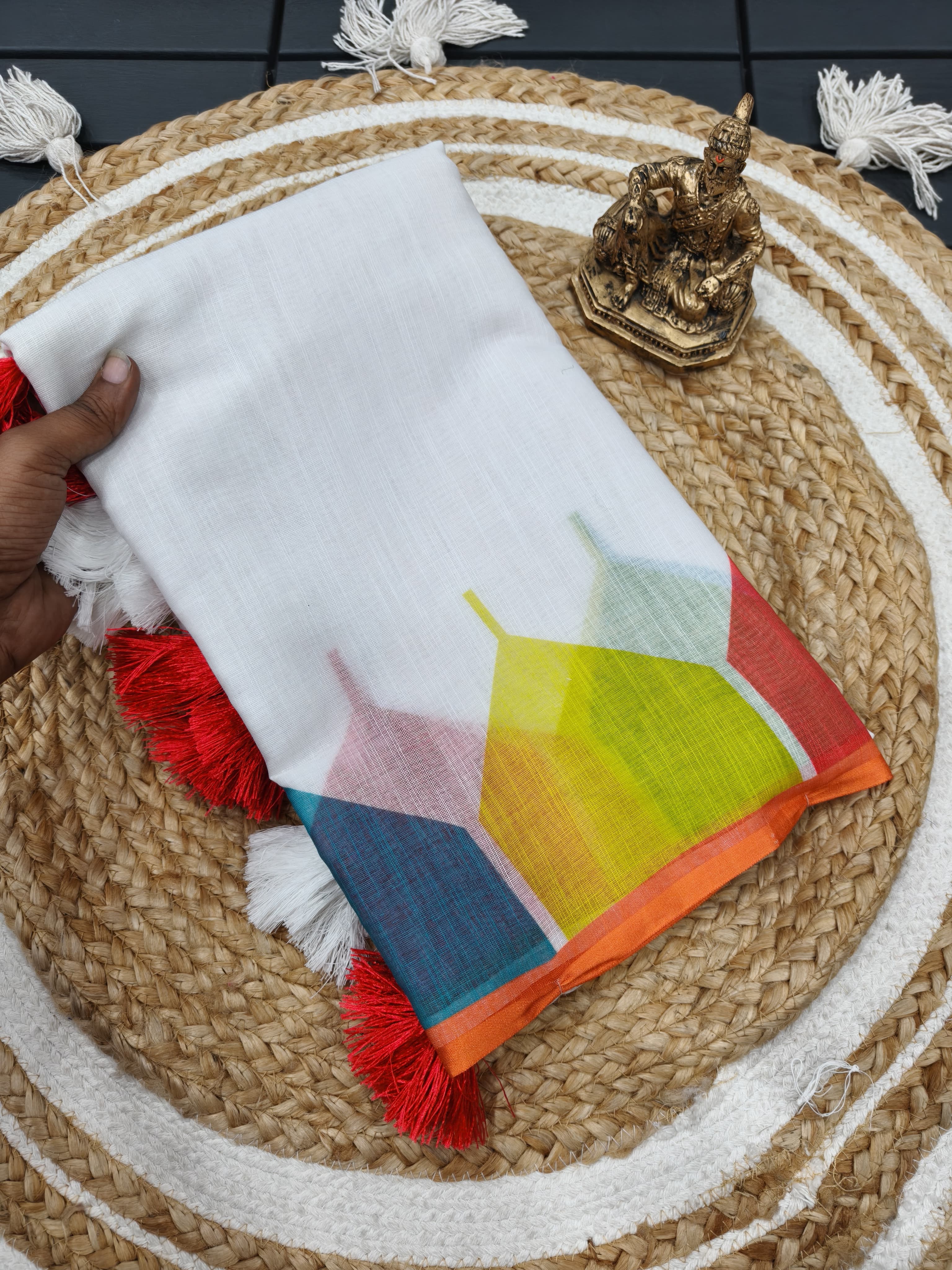 Peachmode Multicolor Linen Cotton Printed Saree - Image 8