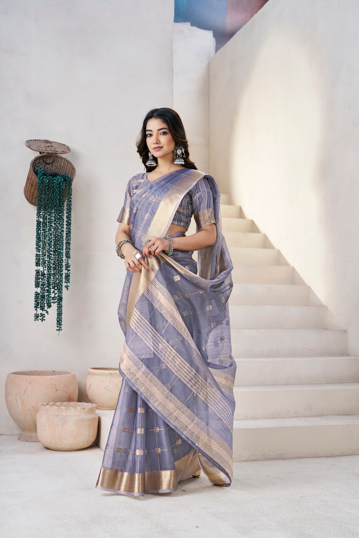 Peachmode Lavender Linen Cotton Silk Zari Saree - Image 1