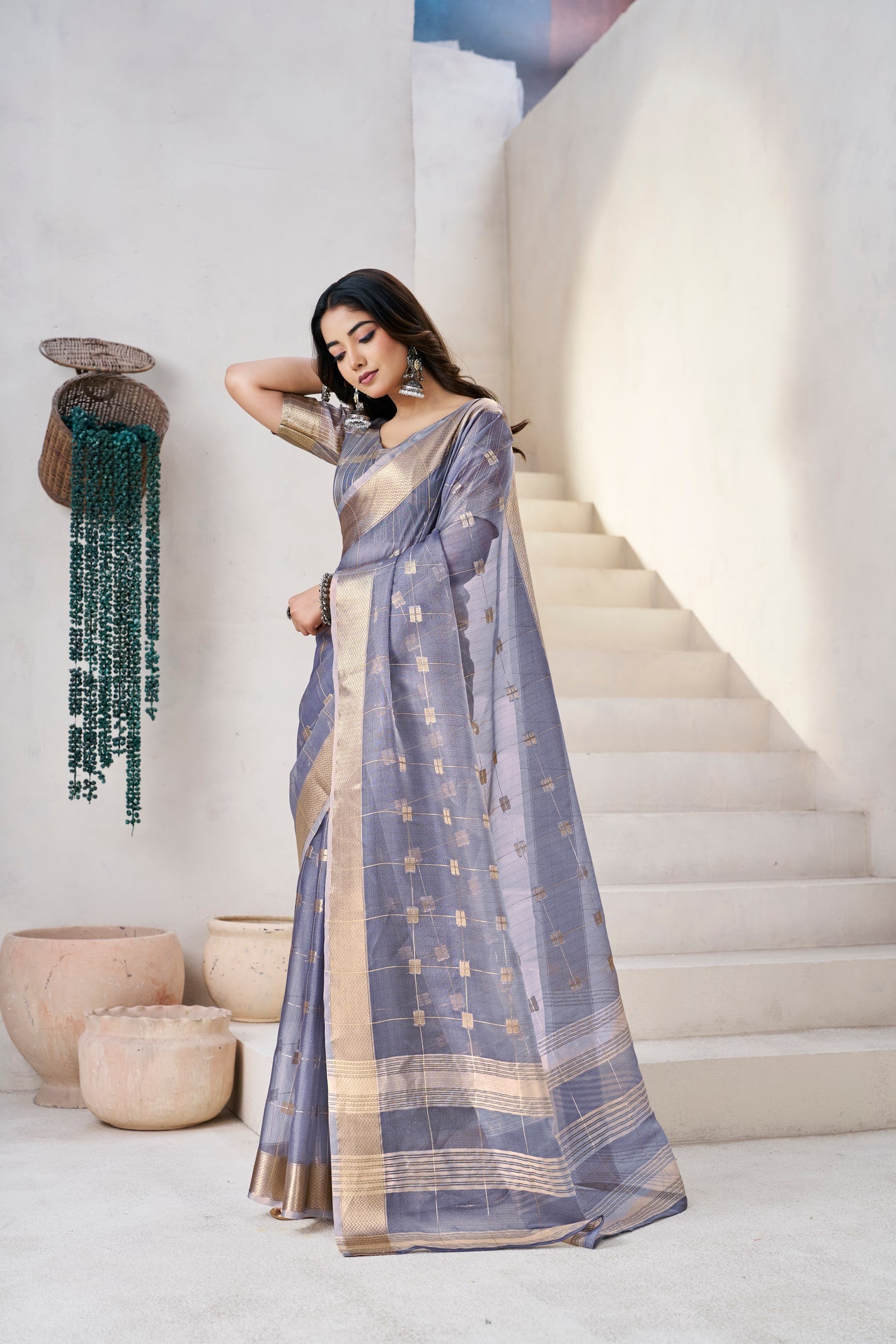 Peachmode Lavender Linen Cotton Silk Zari Saree - Image 4