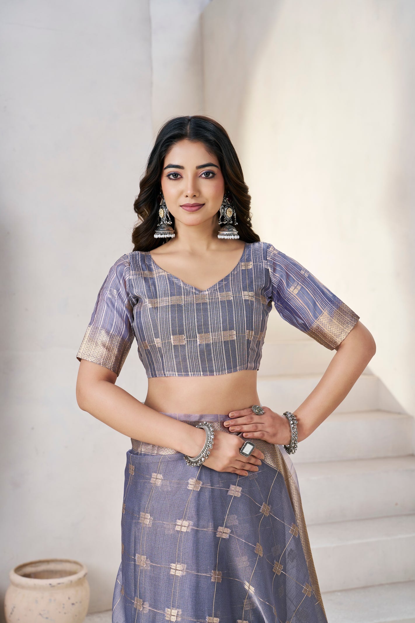Peachmode Lavender Linen Cotton Silk Zari Saree - Image 6