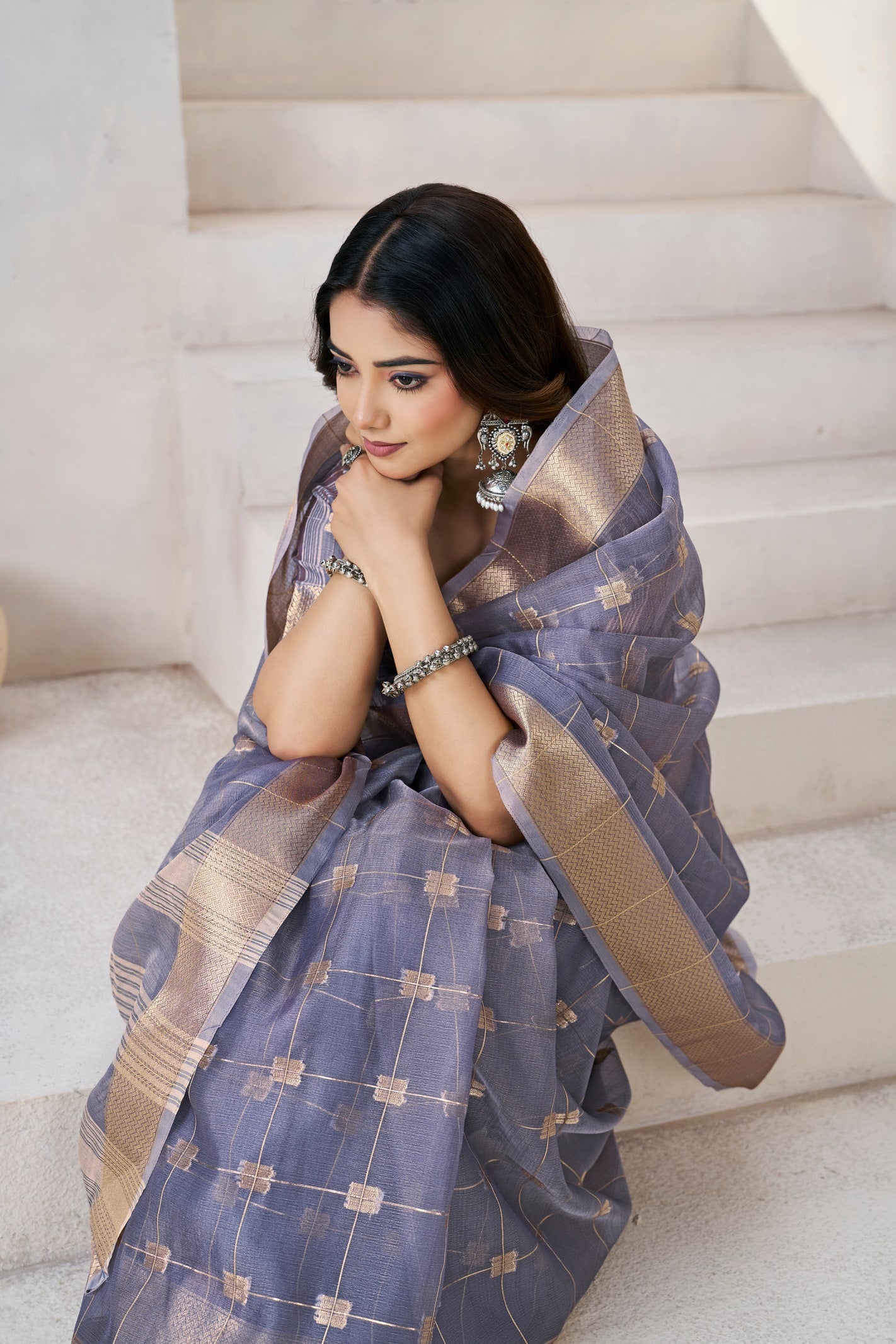 Peachmode Lavender Linen Cotton Silk Zari Saree - Image 7