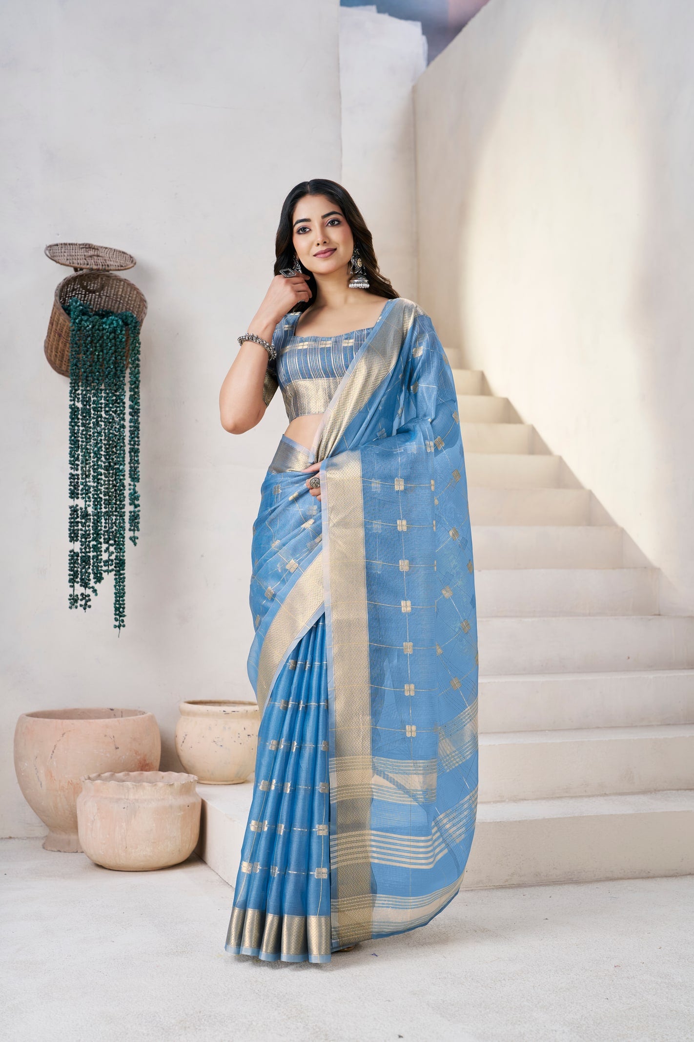 Peachmode Blue Linen Cotton Silk Zari Saree - Image 3