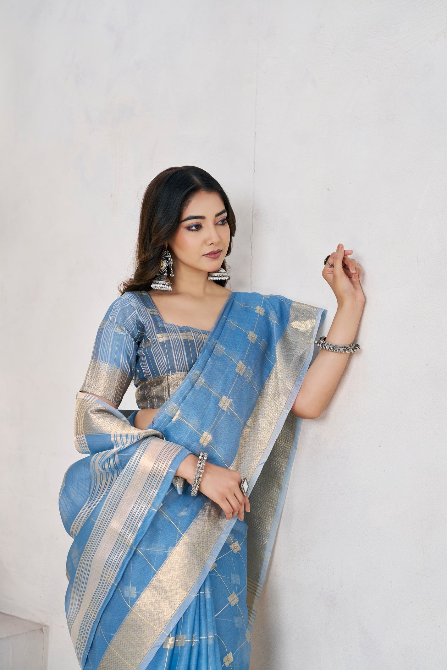 Peachmode Blue Linen Cotton Silk Zari Saree - Image 7