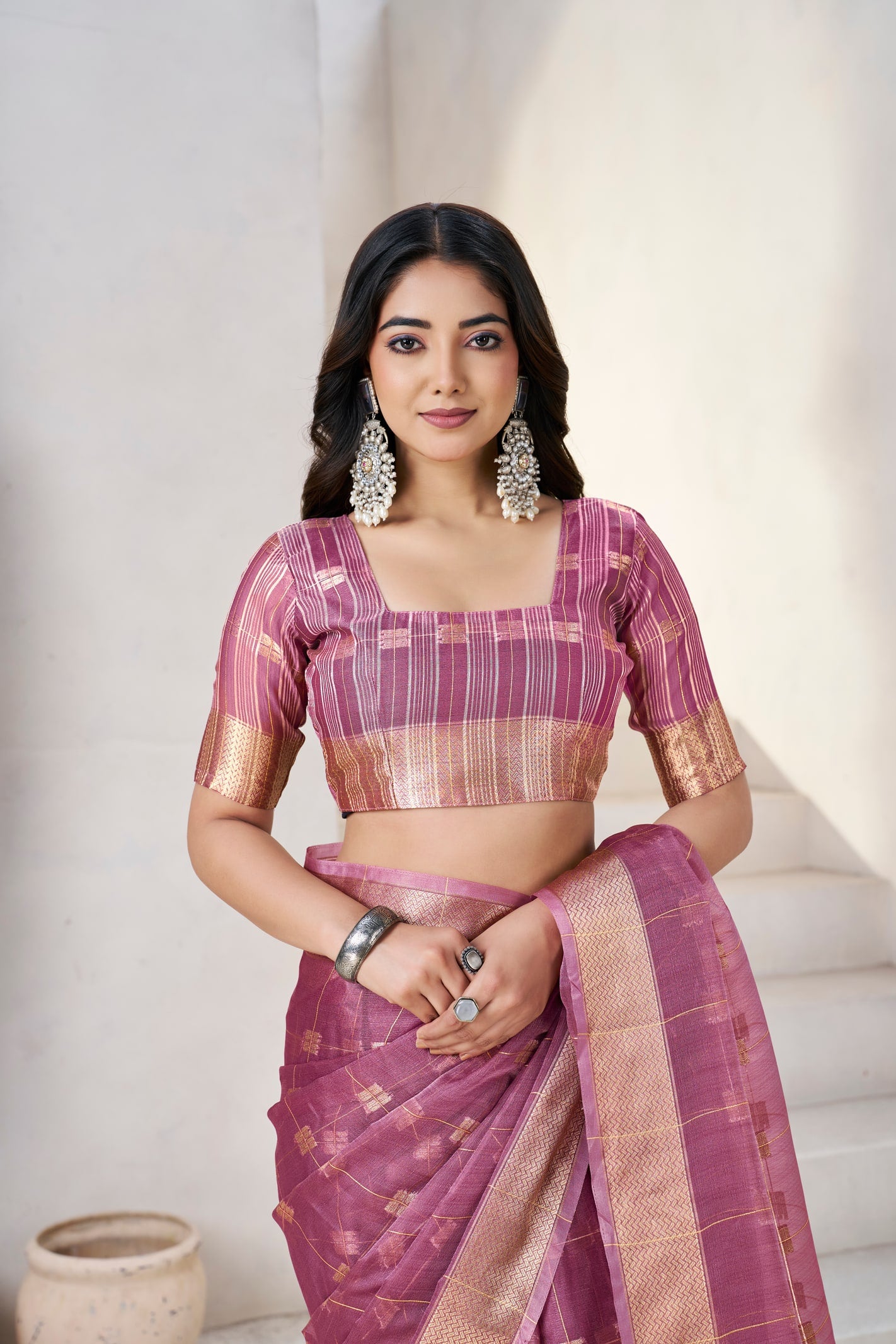 Peachmode Purple Linen Cotton Silk Zari Saree - Image 6