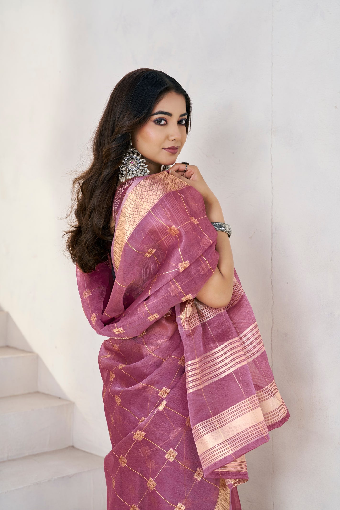 Peachmode Purple Linen Cotton Silk Zari Saree - Image 7