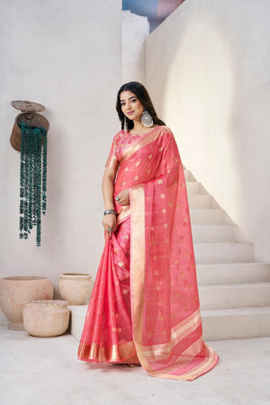 Peachmode Pink Linen Cotton Silk Zari Saree - Image 1