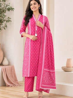 Pink Pure Cotton Printed Salwar Suit Set - Image 1
