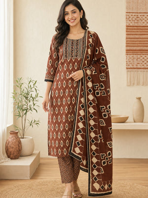 Brown Pure Cotton Ikat Printed Salwar Suit Set - Image 1