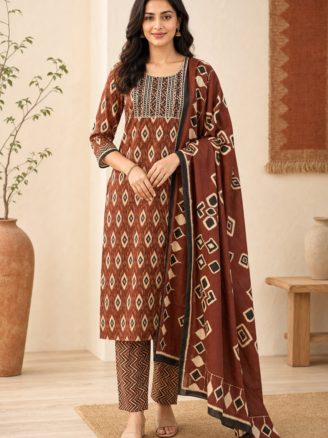 Brown Pure Cotton Ikat Printed Salwar Suit Set - Image 2