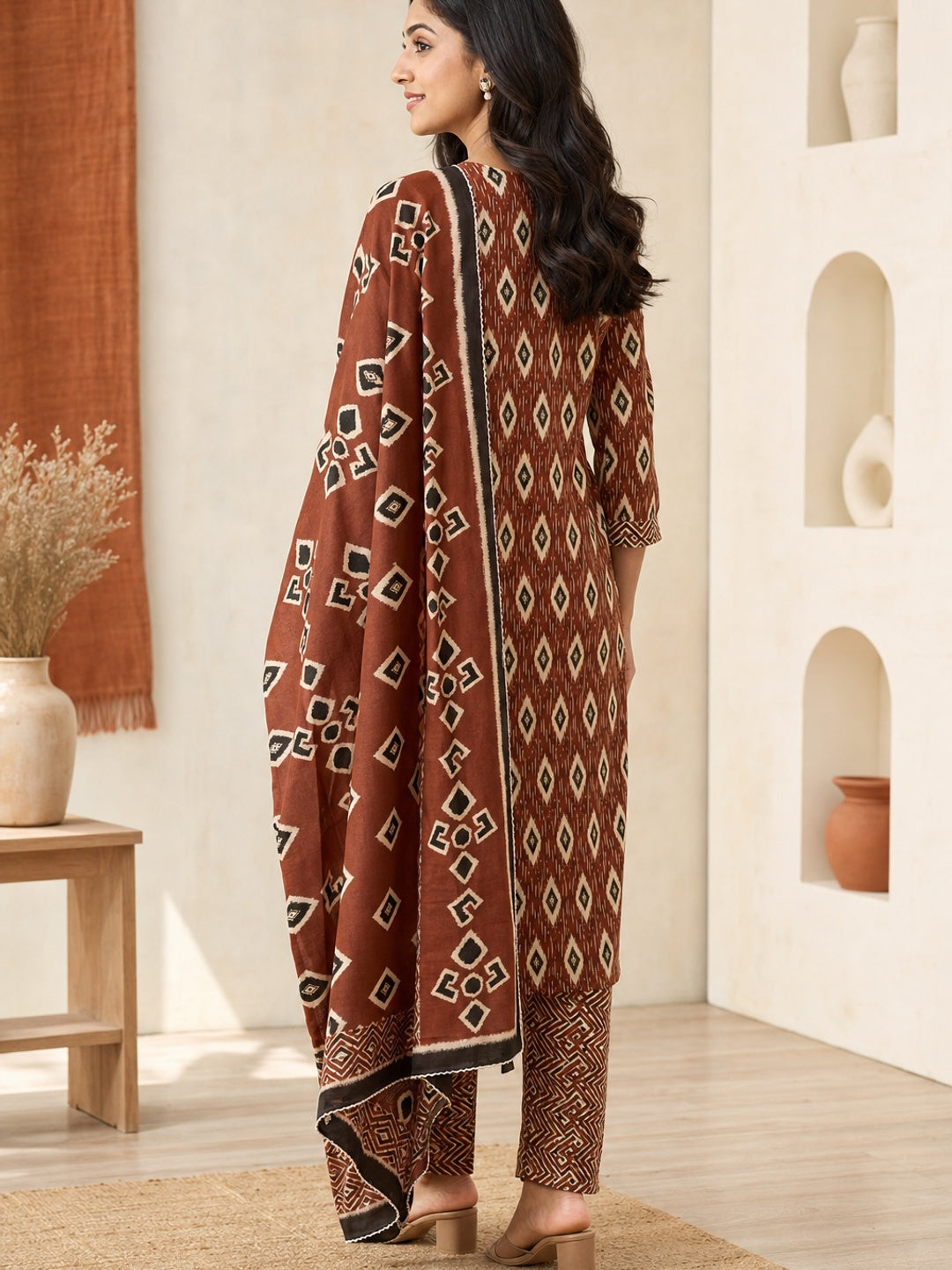 Brown Pure Cotton Ikat Printed Salwar Suit Set - Image 4