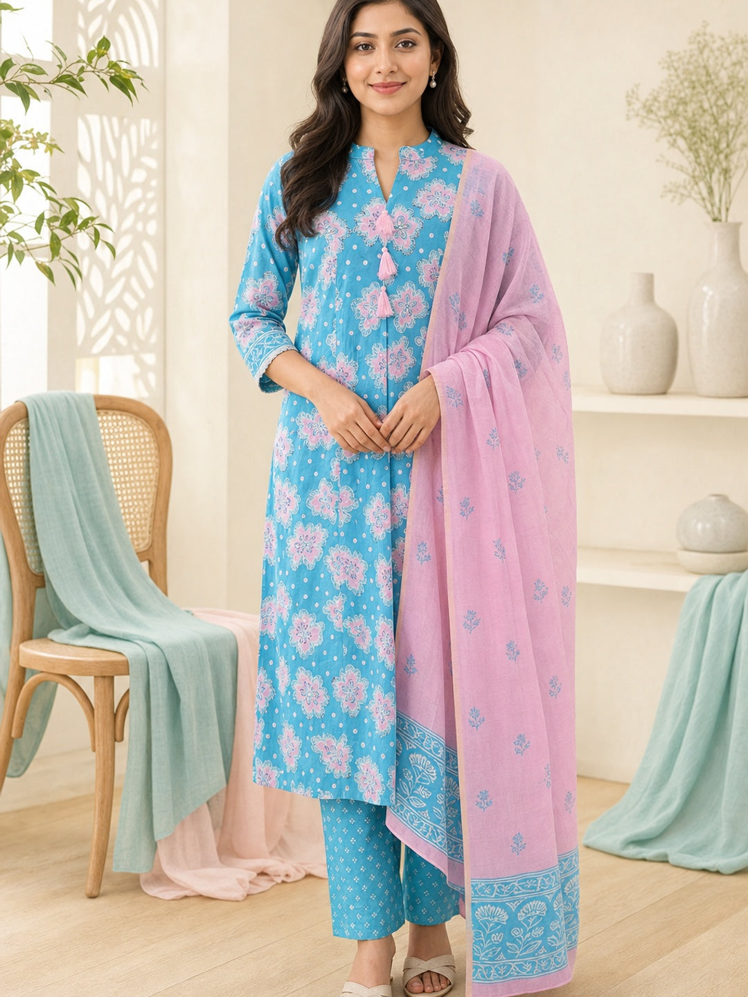 Rama Blue Pure Cotton Floral Printed Salwar Suit Set - Image 2