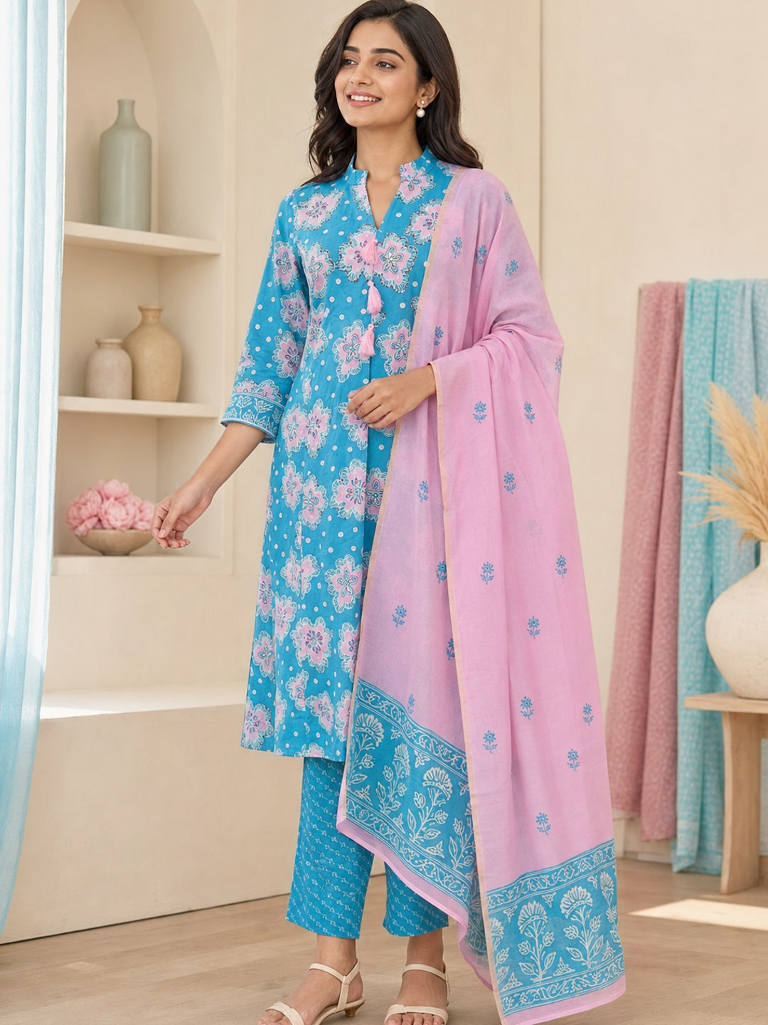 Rama Blue Pure Cotton Floral Printed Salwar Suit Set - Image 3