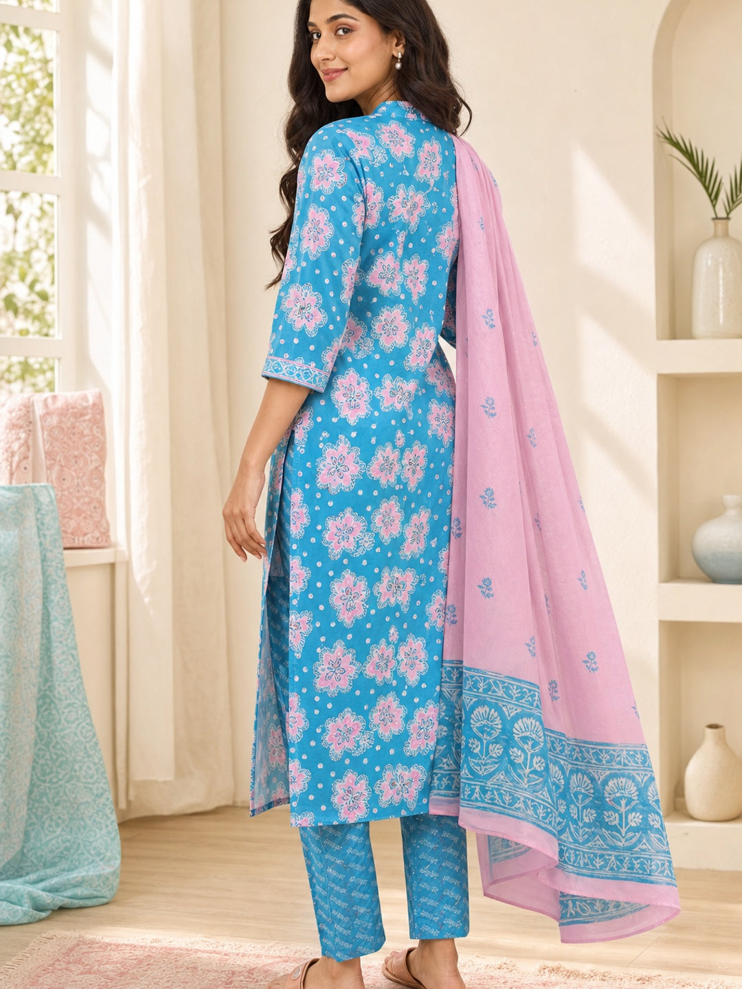 Rama Blue Pure Cotton Floral Printed Salwar Suit Set - Image 4