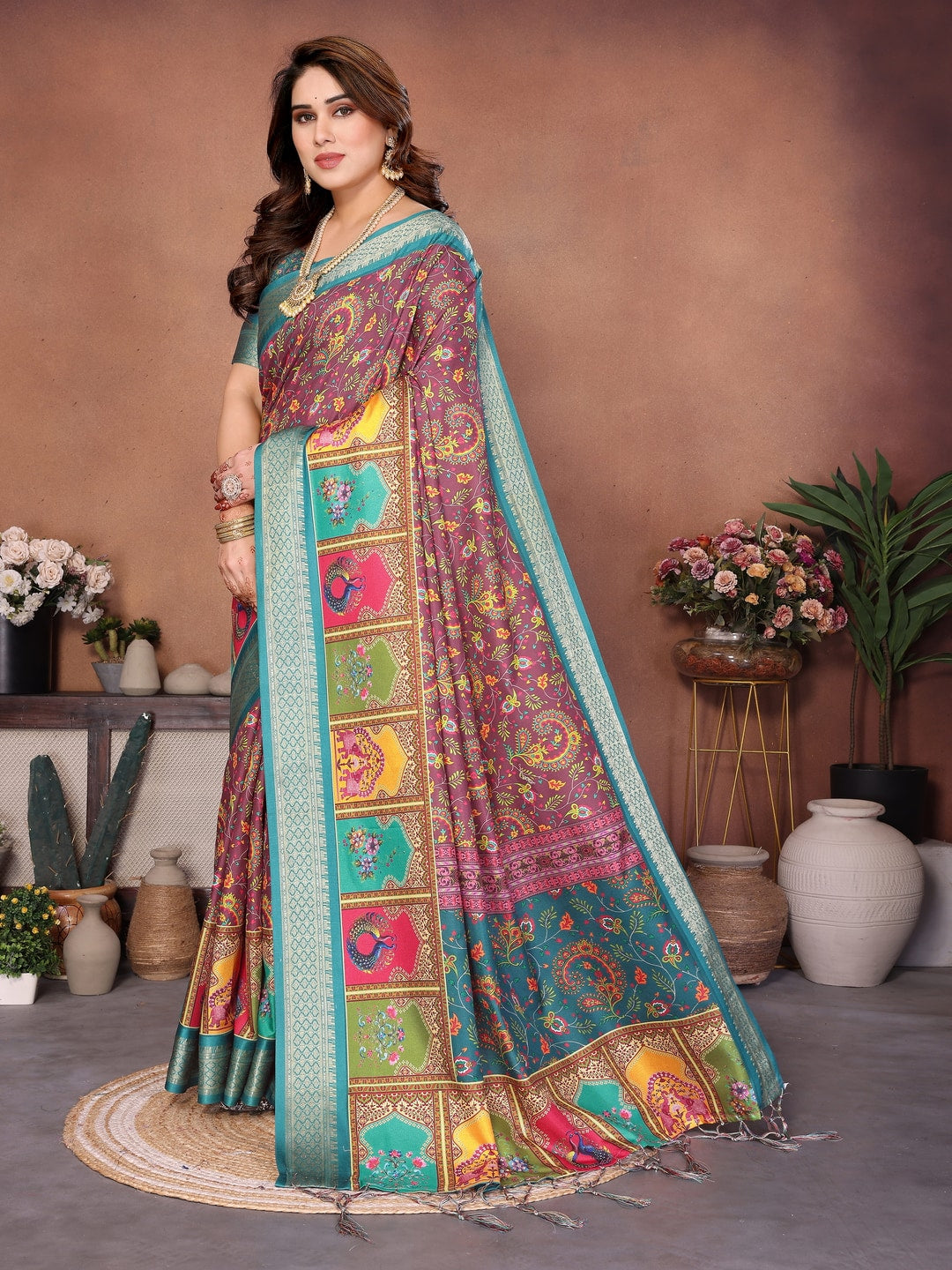 Rama Blue Cotton Silk Digital Print Saree with Zari Border - Image 2