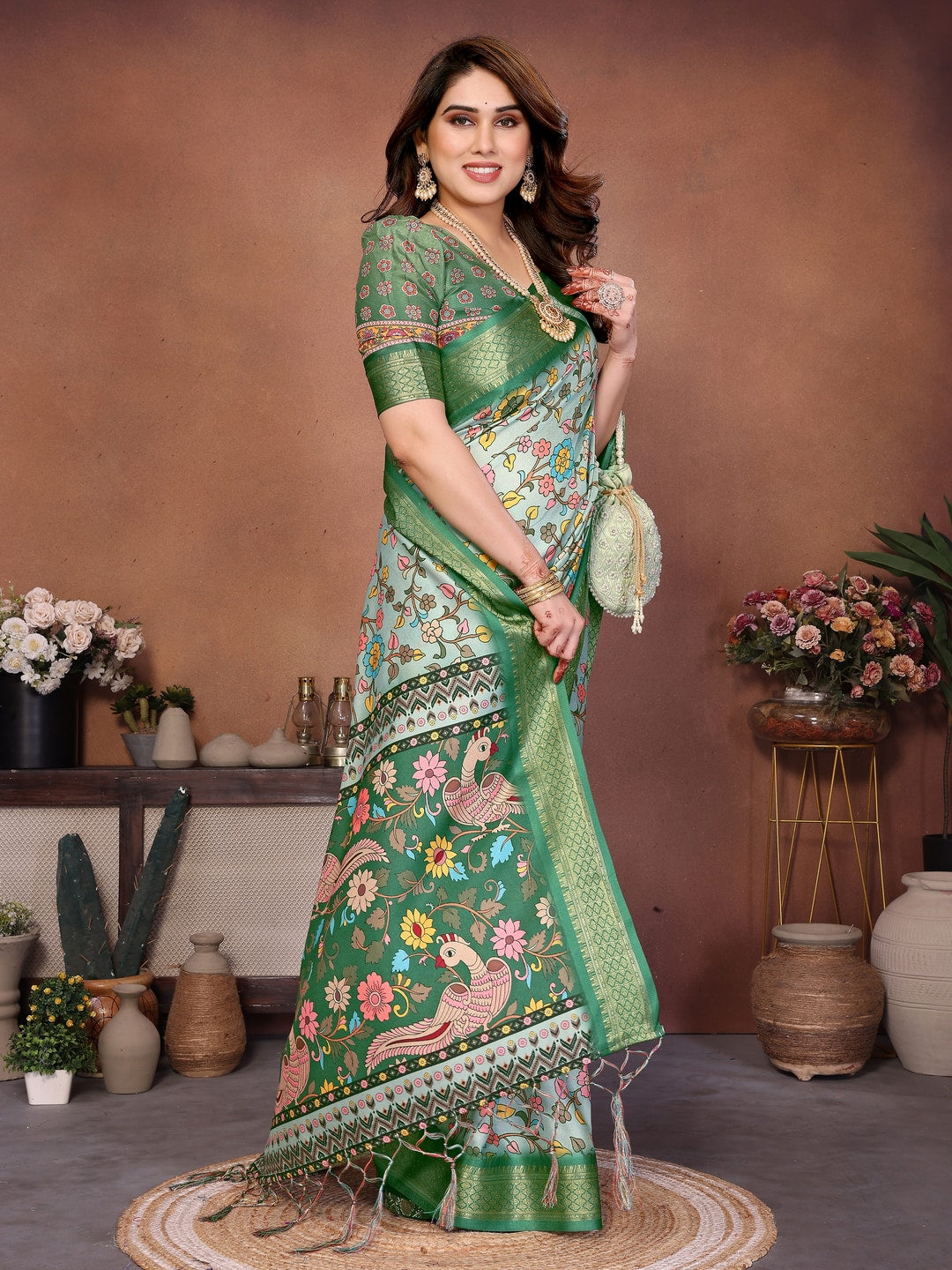 Green Cotton Silk Digital Print Saree with Zari Border - Image 3