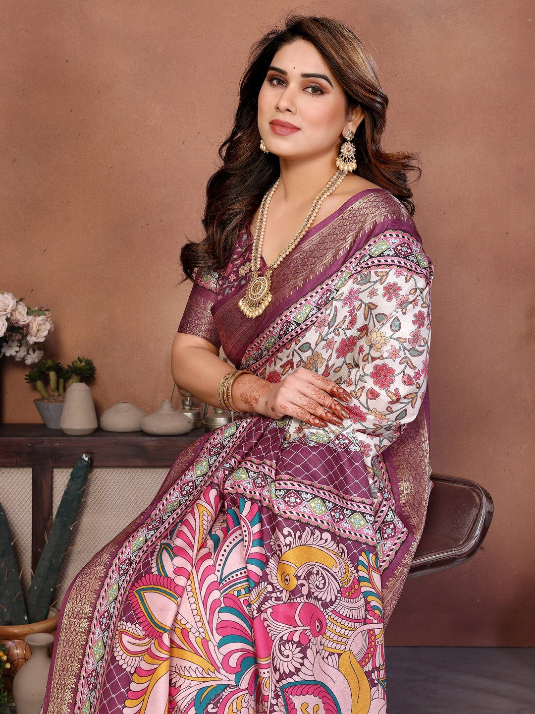 Wine Cotton Silk Digital Print Saree with Zari Border - Image 2