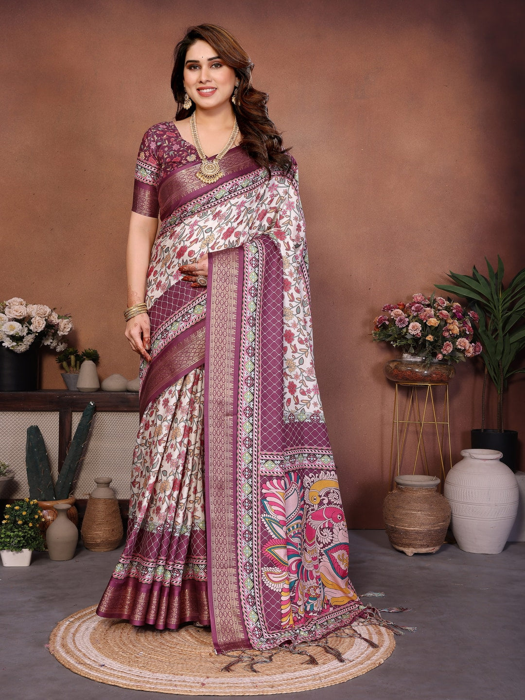 Wine Cotton Silk Digital Print Saree with Zari Border - Image 4