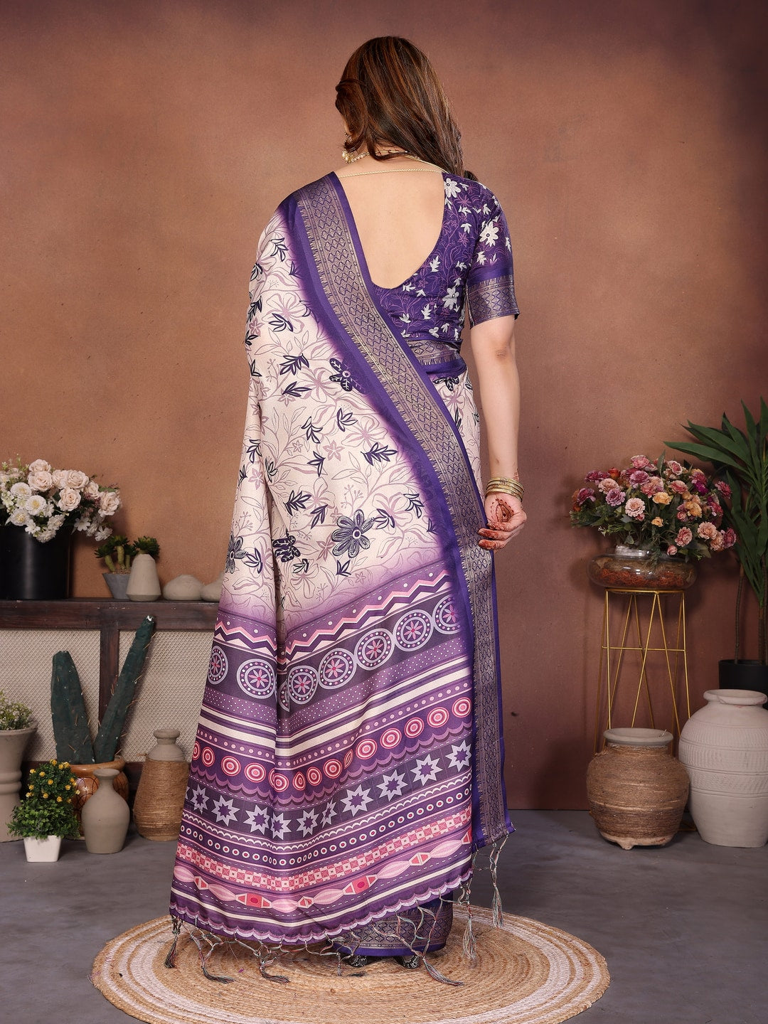 Purple Cotton Silk Digital Print Saree with Zari Border - Image 3