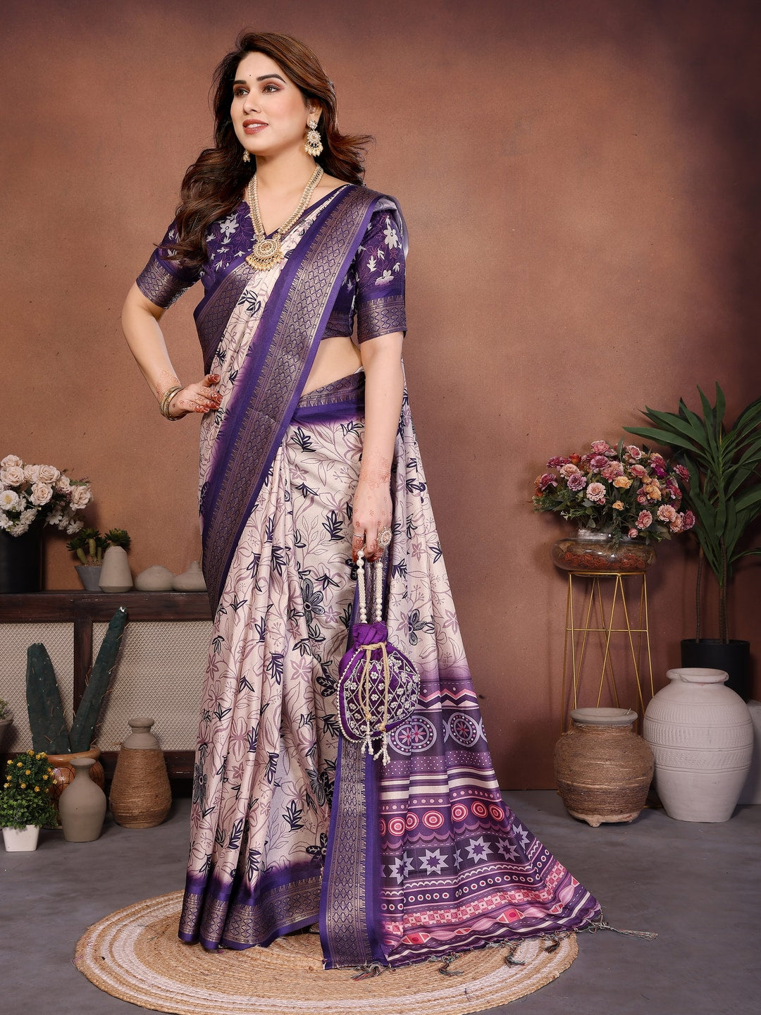 Purple Cotton Silk Digital Print Saree with Zari Border - Image 4