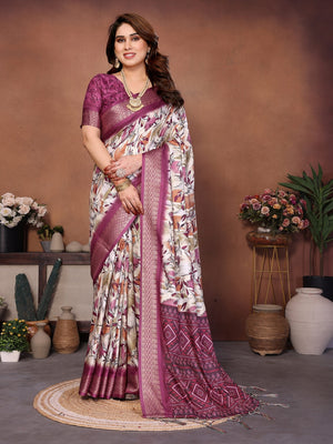 Wine Cotton Silk Digital Print Saree with Zari Border - Image 1