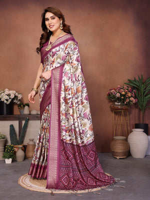 Wine Cotton Silk Digital Print Saree with Zari Border - Image 2