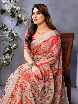 Orange Handloom Linen Cotton Digital Print Saree - Image 2