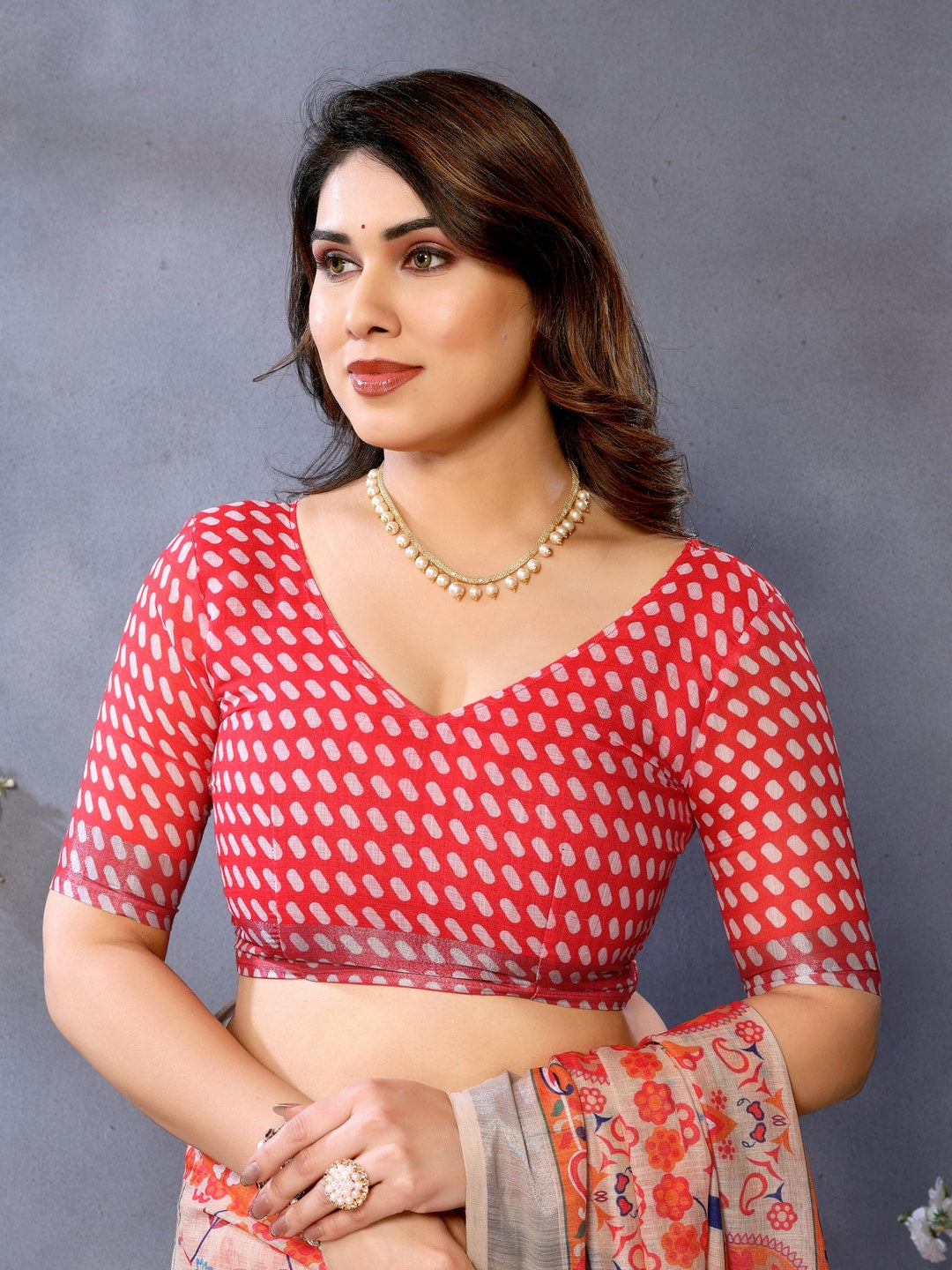 Orange Handloom Linen Cotton Digital Print Saree - Image 3