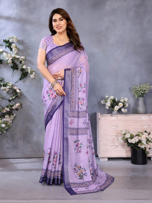 Purple Handloom Linen Cotton Digital Print Saree - Image 1