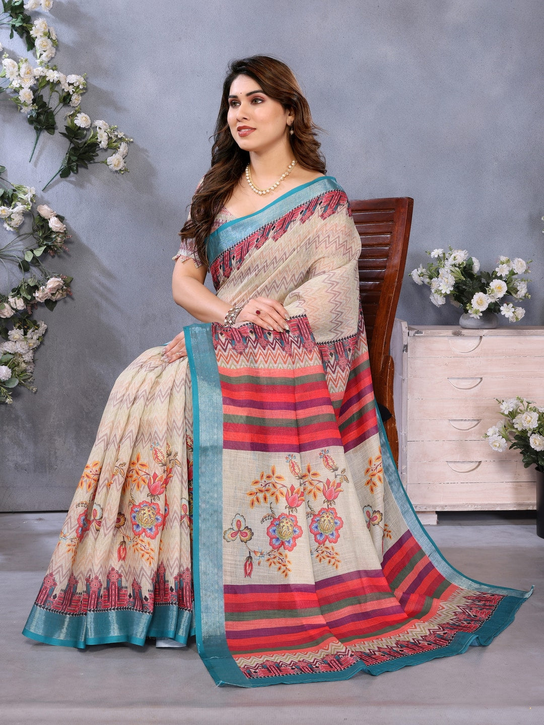 Cream Handloom Linen Cotton Digital Print Saree - Image 1