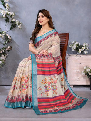 Cream Handloom Linen Cotton Digital Print Saree - Image 1