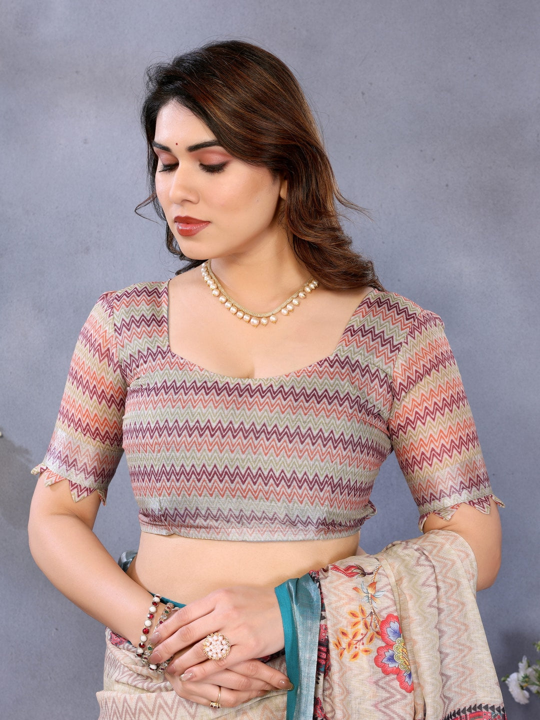 Cream Handloom Linen Cotton Digital Print Saree - Image 3