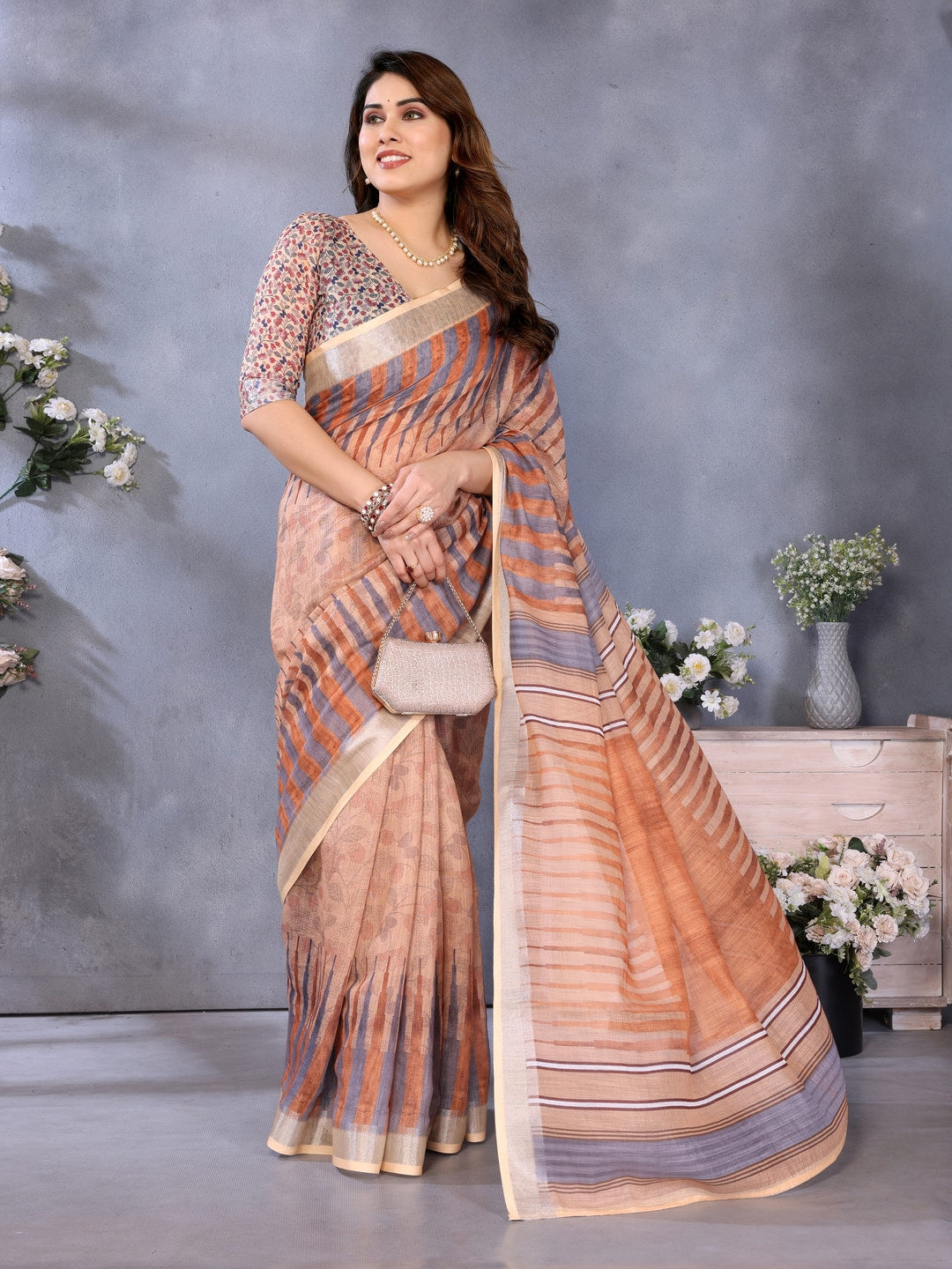 Brown Handloom Linen Cotton Digital Print Saree - Image 1