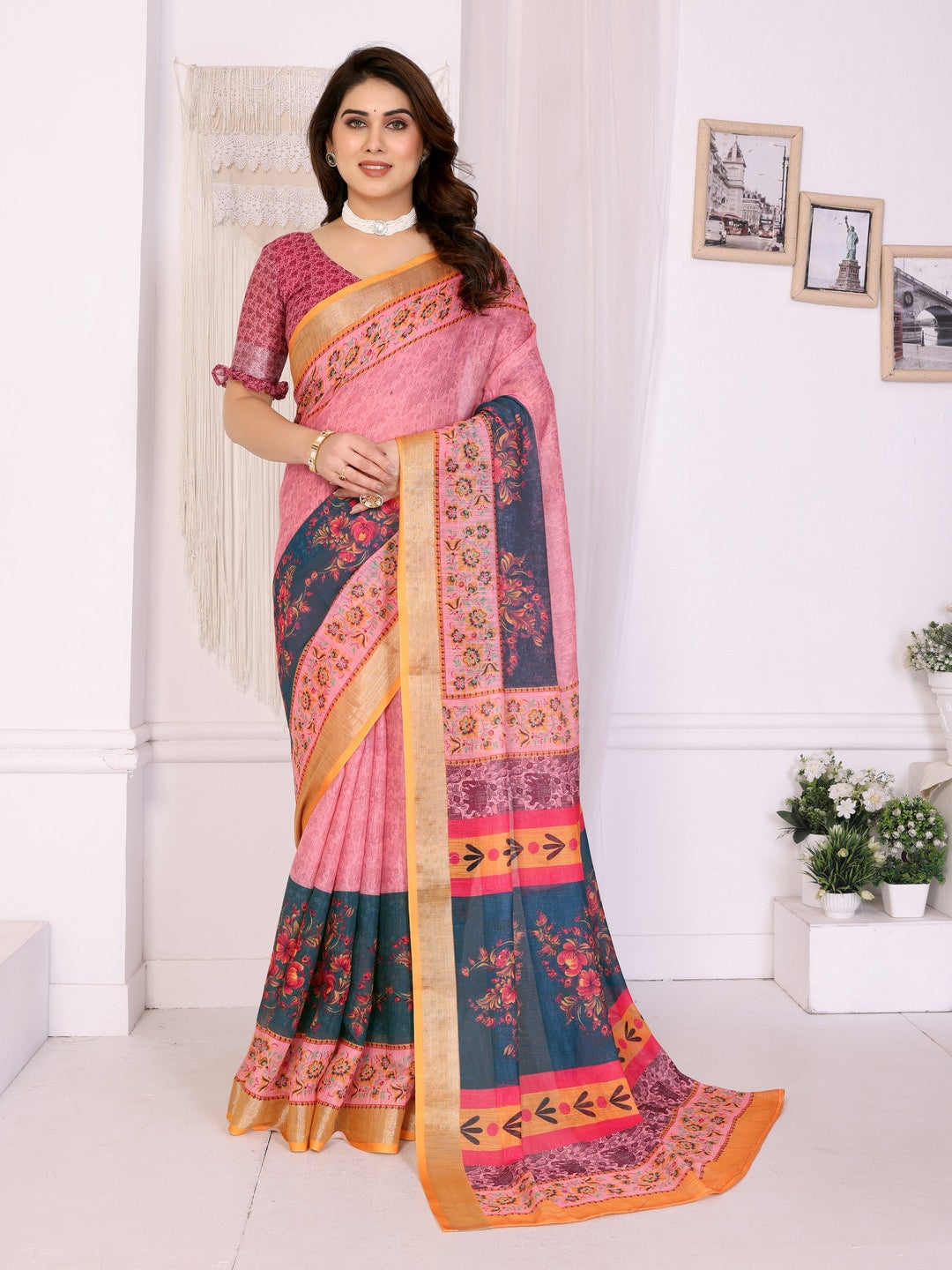 Pink & Teal Handloom Linen Cotton Digital Print Saree - Image 1