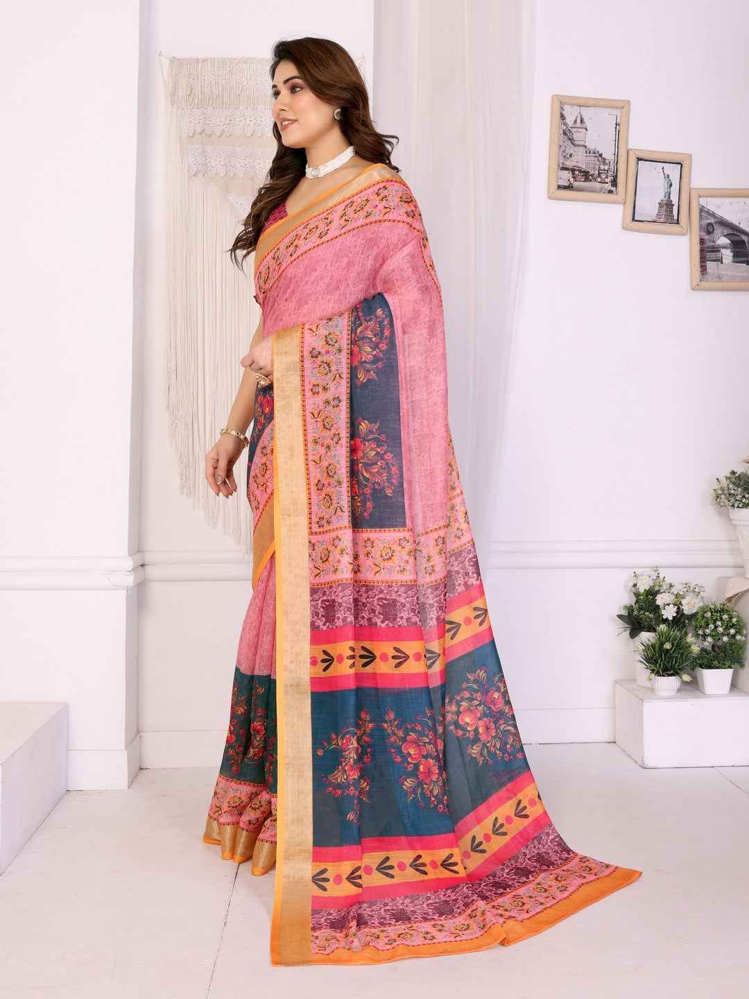 Pink & Teal Handloom Linen Cotton Digital Print Saree - Image 2