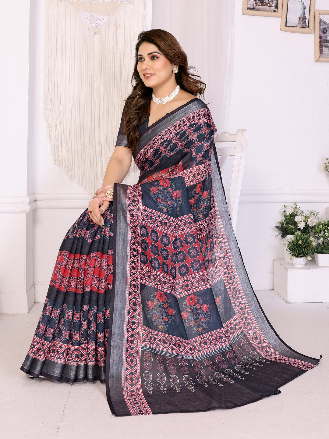 Black Handloom Linen Cotton Digital Print Saree - Image 1