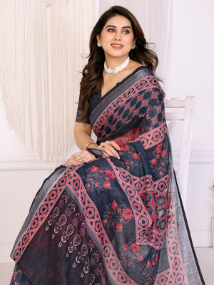 Black Handloom Linen Cotton Digital Print Saree - Image 2