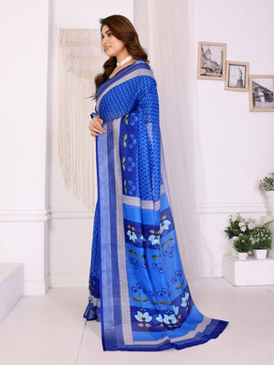 Blue Handloom Linen Cotton Digital Print Saree - Image 2