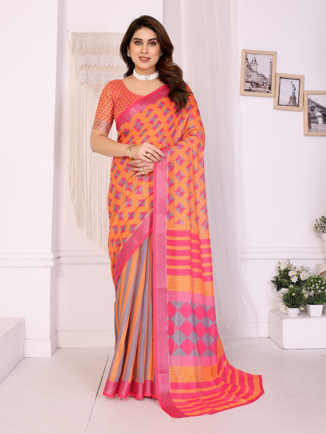 Orange Handloom Linen Cotton Digital Print Saree - Image 1